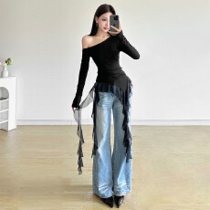 批发纯欲辣妹风荷叶边<b class='q'>不规则</b>飘带长袖T恤掐腰显身材打底上衣