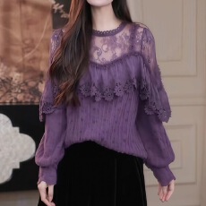 批发长袖<b class='q'>衬衫女</b>2025秋冬新款<b class='q'>韩版</b>宽松圆领蕾丝拼接上衣镂空衬衣潮