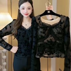 批发长袖蕾丝加绒<b class='q'>打底衫</b>2025秋冬<b class='q'>修身</b>显瘦洋气V领保暖 性感辣妹纯欲风