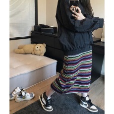 批发针织半身裙<b class='q'>秋</b>冬新款高腰a字直筒宽松显瘦百搭休闲裙子彩虹条纹