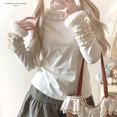 批发高领<b class='q'>可爱</b>毛毛蝴蝶结长袖德绒打底保暖秋冬新款显瘦小众内搭上衣潮