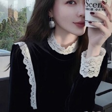 批发2025冬季新款高级感轻奢小众气质内搭<b class='q'>衬衫</b>女黑色蕾丝花边丝绒上衣