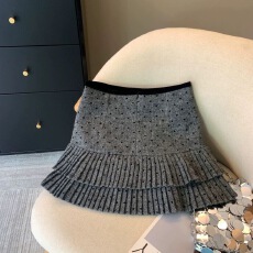 批发2025秋冬新款波点毛呢蝴蝶结灰色<b class='q'>半身裙</b>女高腰显瘦防走光百褶<b class='q'>短裙</b>