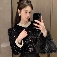 批发奢华重工丝绒亮片小香风<b class='q'>外套</b>秋冬新款宽松<b class='q'>显瘦</b>木耳边钉珠上衣女装