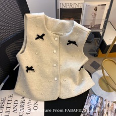 法式洋气小香风毛呢马甲女新款蝴蝶结高级感重工别致背心坎肩上衣