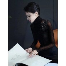 批发高领网纱<b class='q'>打底衫</b>女内搭2025欧货早秋新款重工t恤修身亮丝<b class='q'>长袖</b>上衣