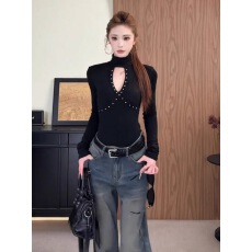 批发黑色半高领镂空<b class='q'>长袖</b>针织衫女秋冬辣妹修身短款性感内搭<b class='q'>打底衫</b>上衣