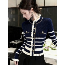 批发小香风条纹针织开衫木耳边拼接装饰 <b class='q'>修身</b>显瘦短款毛衣<b class='q'>外套</b>女