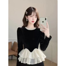 批发轻奢高级感黑色丝绒长袖衬衫女装2026春季独特别致小香风<b class='q'>收腰</b>上衣