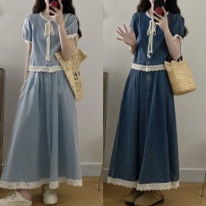 批发法式时尚淑女气质套装女2026春夏新款蕾丝拼接短袖上衣牛仔半身裙