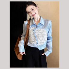 批发法式小资轻熟独特绝美上衣轻奢高级感巨好看蓝色蕾丝拼接衬衫女春