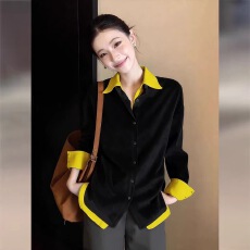 批发假两件衬衫上衣女设计感小众春季通勤宽松百搭polo领长袖撞色衬衣