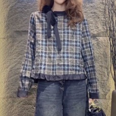 批发木耳边蝴蝶结圆领长袖格子衬衫女秋季新款韩系复古时尚宽松上衣潮