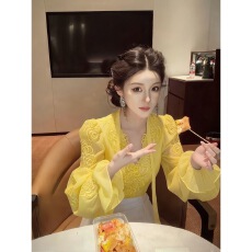 批发2026春季时尚高级感黄色<b class='q'>雪纺</b><b class='q'>长袖</b>超仙绝美上衣轻奢法式荷叶边衬衫