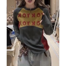 批发2026<b class='q'>春</b>秋新款美式字母印花慵懒韩版长袖T恤女潮牌打底上衣