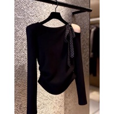 批发黑色波点蝴蝶结绑带镂空露肩长袖T恤女2026<b class='q'>春</b>季小众绝美高级上衣