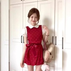 批发樱桃气泡水假两件收腰泡芙裙甜美小个子复古印花短袖连衣裙2026