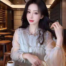 批发网红荷叶边减龄衬衣女春秋新款法式长袖衬衣衬衫洋气<b class='q'>镂空</b><b class='q'>雪纺衫</b>