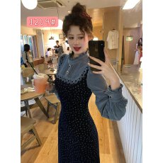 批发一生罗曼【海兰花】秋<b class='q'>冬</b>法式设计感碎花假两件拼接长袖连衣裙