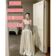 批发板栗可可Bankelili'中古秀场'Jennie同款天丝收腰网纱鱼骨礼服裙