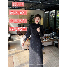 批发蕾英俊夜赴浪漫秋冬复古小黑波点半高领系带长袖收腰显瘦<b class='q'>连衣裙</b>