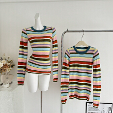 批发Tongiiuu○彩虹糖豆 撞色条纹毛衣针织衫上衣<b class='q'>女</b><b class='q'>牛仔</b>包臀<b class='q'>短裤</b>套装