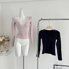 批发kubiliv甜欲交织纯欲v领蕾丝花边修身长袖T恤收腰打底上衣女