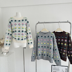 批发韩国<b class='q'>东大门</b>25秋冬新款女装<b class='q'>代购</b>圆领拼色花朵宽松复古套头毛衣