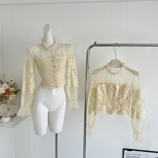 批发维斯小姐玉珠流仙重工复古蕾丝<b class='q'>波点</b>上衣 花边网纱拼接收腰<b class='q'>衬衫</b>
