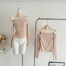 批发若语定制 韩女日常 高领一字肩双面德绒上衣<b class='q'>露肩</b>斜肩上衣纯欲气质