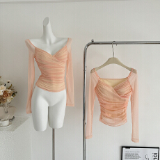 批发WW原创 褶皱法式设计感修身气质长袖收腰显瘦V领辣妹风性感上衣女