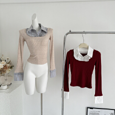 批发迟伞伞25/fw 松间花火 假两件条纹撞色<b class='q'>衬衫</b>拼接针织上衣两色入