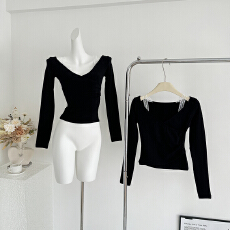 批发CHICXIXI 25AW 淡颜基调 韩系<b class='q'>v领</b>褶皱收腰长袖<b class='q'>T</b><b class='q'>恤</b>冬内搭打底上衣