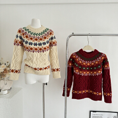 批发费尔岛复古提花圆领套头<b class='q'>毛衣</b>女2024新款秋冬慵懒高级感加厚针织衫