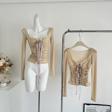 批发kubiliv娇嗲美人交叉绑带性感<b class='q'>网纱</b>T恤女修身收腰纯欲蕾丝上衣