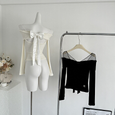 批发Pinksoya 甜美一字肩网纱蝴蝶结针织衫女后背镂空小心机<b class='q'>长袖</b>上衣