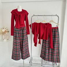 批发label方 红色格子<b class='q'>裤</b>女秋冬2025新款高腰显瘦显腿长阔腿拖地休闲<b class='q'>裤</b>