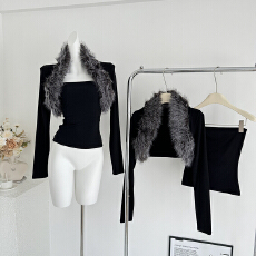 批发0122stepll 黑色短款针织衫女辣妹修身显瘦毛毛长袖坎肩开衫上衣