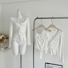 批发shee 真两件长袖蕾丝打底衫法式少女纯欲风<b class='q'>白色</b>