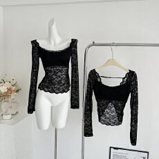 批发Fart Shop暗黑浪漫 深V露肩黑色蕾丝T恤女收腰<b class='q'>镂空</b>带胸垫内搭