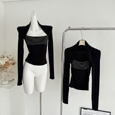 批发宁司 撞色拼接假两件条纹掐腰<b class='q'>针织衫</b>女冬季韩系修身显瘦打底上衣