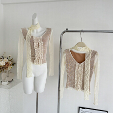 批发辣妹风蕾丝长袖t恤女秋<b class='q'>冬</b>捏褶花边修身显瘦收腰内搭打底衫上衣潮