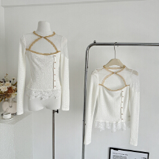 批发杂食universe 清冷感蕾丝镂空解构拼接提花修身内搭<b class='q'>长袖</b><b class='q'>T</b><b class='q'>恤</b>打底衫