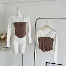 批发sheepland温柔基调 天丝V领拼接芭蕾风t恤女秋<b class='q'>冬</b>修身显瘦打底上衣