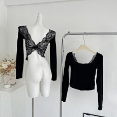 批发FORNI/YOYO 蝴蝶蕾丝 天丝醋酸露背蕾丝衫修身<b class='q'>个性</b>针织打底衫女