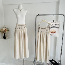 批发rovente波嬉度假米白色A字半身裙女夏季薄款裙子假日<b class='q'>复古</b>低腰长裙