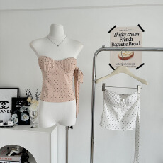 批发板栗可可Bankelil波尔卡千金亚麻波点带胸垫绑带收腰抹胸上衣女夏