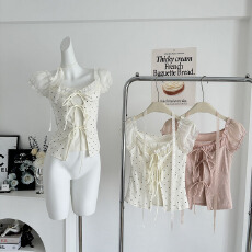 批发法式甜美少女风波点系带泡泡袖上衣女夏季百搭修身<b class='q'>显瘦</b>设计感内搭