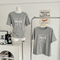 批发Ashy Snow俏皮珍妮 灰色蝴蝶结刺绣<b class='q'>蕾丝</b><b class='q'>T</b><b class='q'>恤</b>短袖女春夏甜妹