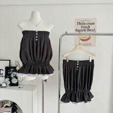 批发HYTEMOLY经典细条纹多层蓬蓬花苞裙撞色拼接下摆牛筋抹胸<b class='q'>上衣</b>女